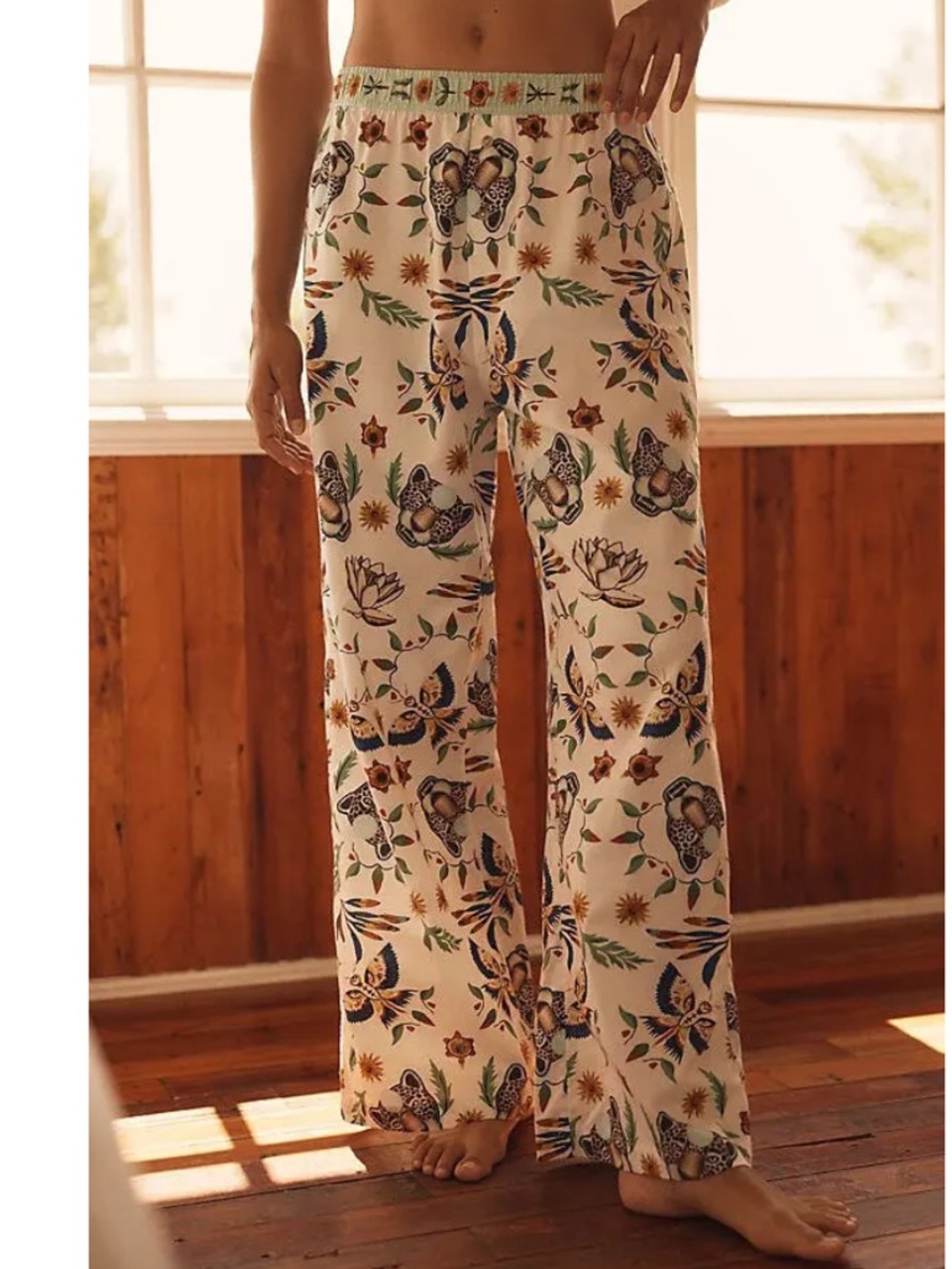 Anthropologie Cream Floral & Butterfly Wide-Leg Pajama Pants